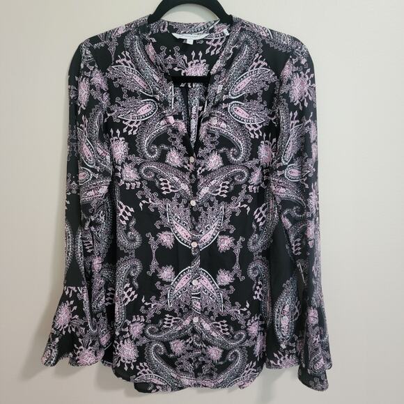 Foxcroft Bell Sleeve Button Down Blouse Pink Black SZ 6 - Picture 1 of 3